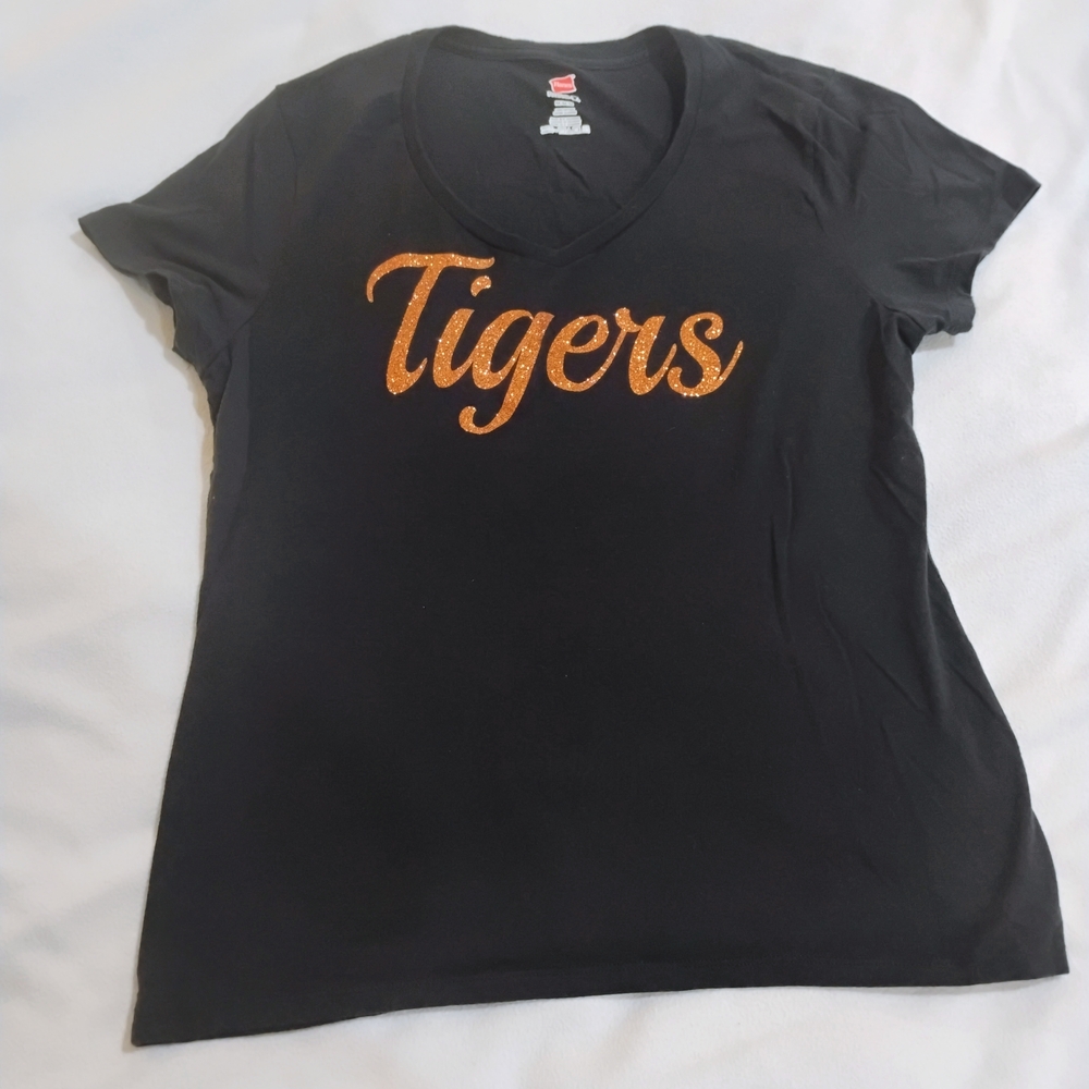 Hanes Black V-Neck Tee with Orange Glitter 'Tigers' Script